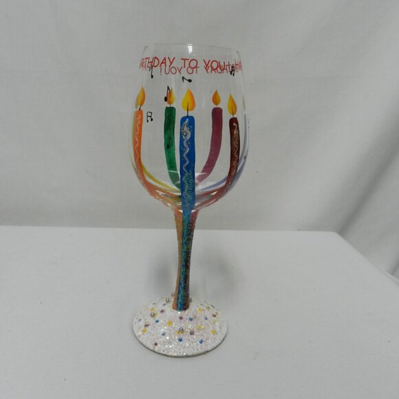 Lolita Happy Birthday Wine Glass Hand Painted Candles Recipe Bottom 15 oz w/ Box - Picture 2 of 11